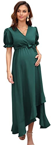 KOJOOIN Abito premaman da donna, con scollo a V, per allattamento, a maniche corte, con volant, verde scuro fiori (manica corta), M