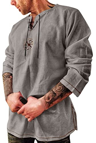 Beokeuioe Disfraz medieval para hombre, cuello alto, camisa renacentista, camisa renacentista, estilo victoriano, cuello en V, camisas piratas