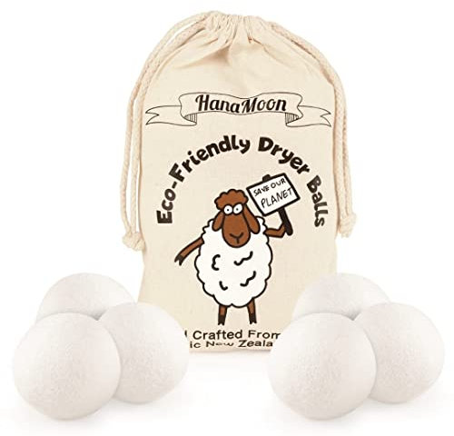 HanaMoon Eco-Friendly Wool Tumble Dryer Balls – Organic Fabric Softener, Reduce Wrinkles & Drying Time, Save Energy, Reusable, Handmade, 100% New Zealand Wool, Baby Safe & Unscented, (Pack of 6)