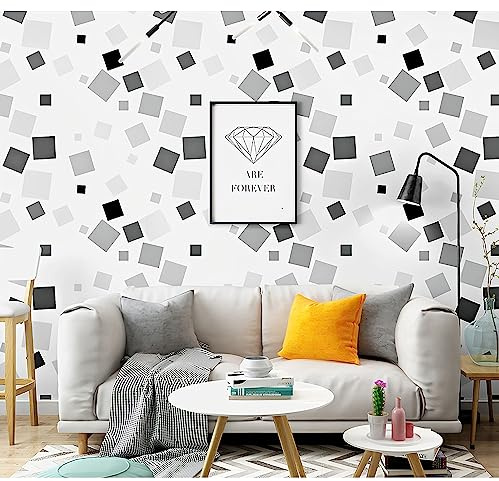 SAIMEYI 3D PVC Wallpaper Square Pattern Design 0.53 m x 10 m = 5.3 m²/Roll Black White Grey Wallpaper for Hotel, Bedroom, Living Room, Kitchen, Restaurant, Bathroom, Clothing Shops
