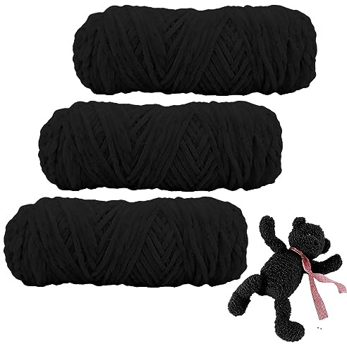 Chenille Wolle zum Häkeln, Velvety Baby Wool, 3 Rolle 100g Babywolle zum Häkeln Weich Chenille Wolle Stricken Soft Yarn Wool for Knitting and Crocheting(Schwarz)