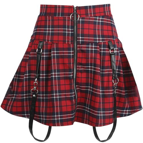 WSZJLN Falda con Cremallera Estilo Punk Falda a Cuadros con Tirantes en Forma de Calle Mujer-Rojo-M