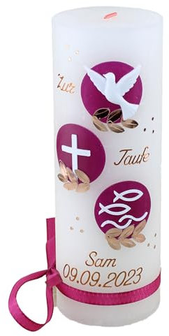 Cerziies® Taufkerze Rustik SAM Junge oder Mädchen mit Name und Datum, individuell und handverziert 2158