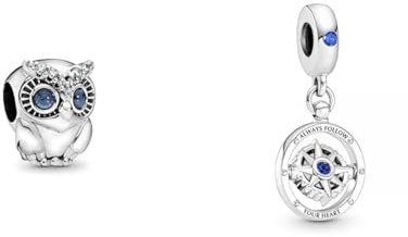 Pandora Charm Funkelnde Eule 798397NBCB & Charm Anhänger Kompass Silber, Kristall blau 790099C01