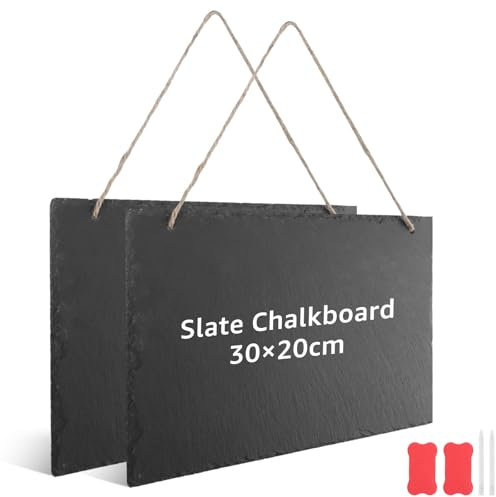 ZOFUN 2 piccole lavagne in ardesia per scrivere e appendere, 30 x 20 cm, resistente alle intemperie, lavagna da cucina, lavagna per appunti con chwamm