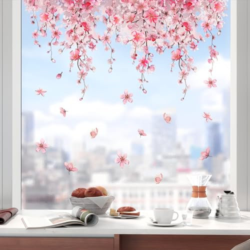 Tanlaby Blume Fensterbilder Sommer Frühling Fensteraufkleber Rosa Kirschblüte Hängende Blumen Fenstersticker Selbsthaftend Anti-Kollision Home Fenster Glastüren Fensterdeko