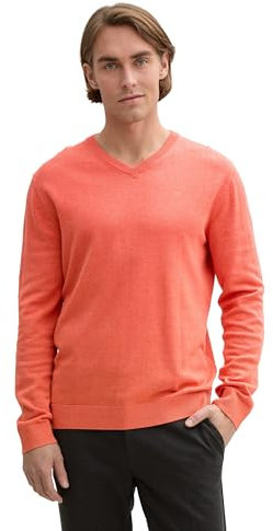 TOM TAILOR Pull en Tricot avec col en V pour Homme, 37099 - Corail Red Melange, XL