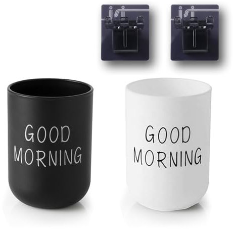 sonlpe Deux Coupelets Brosse à Dent, Inscription Noirepot Brosse à Dent Salle de Bain, 100% PP Gobelet Salle de Bain, Livré avec Deux Porte Brosses à Dents à Ventouse Noirs