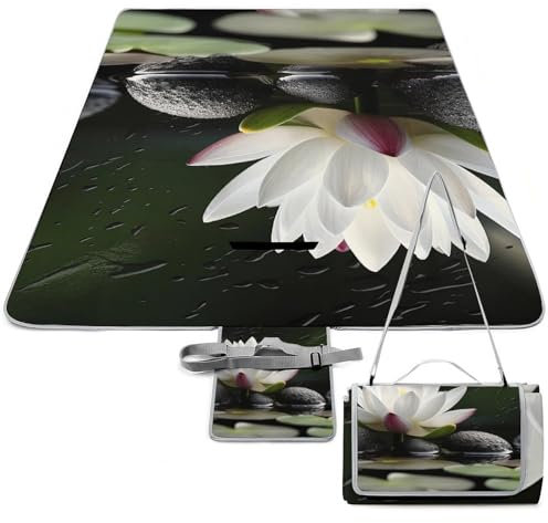 VFMKT Picknickdecke mit Blumen und schwarzen Zen-Steinen, wasserdicht, faltbar, Picknickmatte, leicht, tragbar, Stranddecke für Park, Reisen, Camping, Picknickdecke, Zubehör für Erwachsene (147 x 147