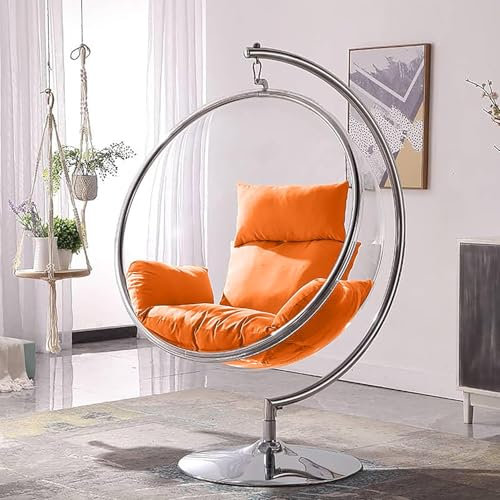 Transparent Hanging Egg Chair with Pedestal Base - Hardened Acrylic Seat & Alloy Steel Stand - Available in Silver and Gold Base Colors with 4 Cushion Options (Silver Frame With Orange Cushion)