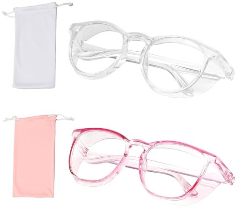 OT-NVWOZR 2 Stück Schutzbrille Antibeschlag Arbeitsschutzbrille mit 2 Aufbewahrungstasche, Stylische Anti Blaulicht Brille Anti Staub/UV für Frauen Männer Arbeit Labor (Transparent + Rosa)