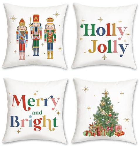 Bonhause Christmas Nutcracker Cushion Covers 45 x 45 cm Xmas Tree Merry & Bright Holly Jolly Decorative Throw Pillow Covers for Sofa Bed Home Winter Holiday Decor Set of 4