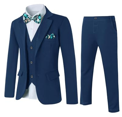 Amissz Traje de Niños 5 Piezas Clásico Slim Fit Traje de Boda Conjunto Caballero Esmoquin Chaqueta Abrigo + Chaleco + Blusas + Pajarita + Pantalones Niños Bautizo Traje 8-9 ANS, Azul
