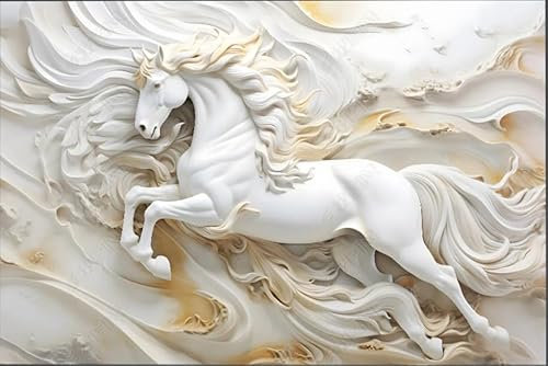 ZYHFDC Papier Peint Panoramique Relief en plâtre du cheval blanc Tableaux Muraux Tapisserie Photo Décoration Murale Salon Chambre 400CM(L)*280CM(H)