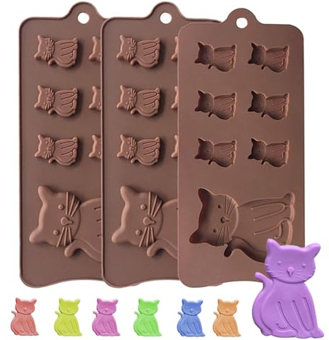 FOSDICK Kätzchen Schokoladenform Silikon, 3 Stück Silikonform Schokolade, Katze Schokoladen Form, Schokoladen Silikonform, Silikonform Schokoladentafel für Süßigkeiten, Gelee, Schokolade
