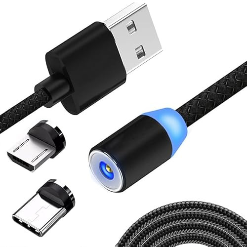 Retoo laddningskabel magnetisk med nylonfläta, 1 m universell 3-i-1 snabbladdning magnet USB-kabel, magnetkabel för Android, mikro-USB, typ C, smartphone, snabbladdning, 360° rotation (svart)