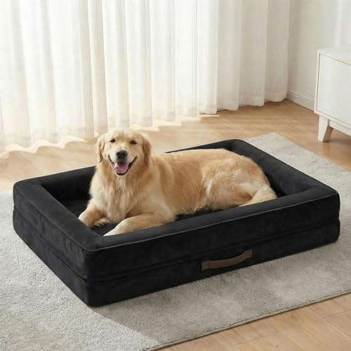 Renvix XL Orthopedic Dog Bed, Waterproof Dog Sofa Bed with Removable Washable Cover, Soft Egg Foam Pet Bed, Non-Slip Bottom and Four-Sided Bolster Cushion（Black, 117x76x19cm）