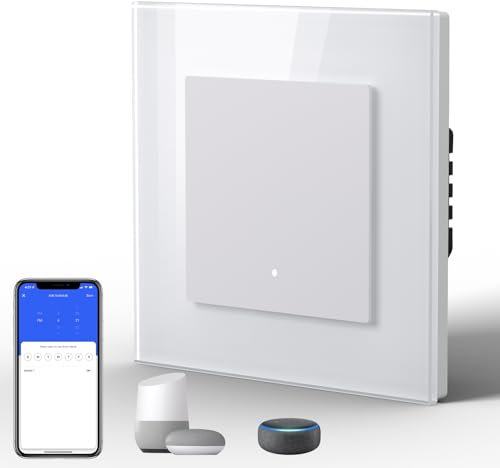 BSEED Smart WiFi Interrupteur Mural, Interrupteur connecté Bouton-poussoir (Cliquez), Panneau en Verre Esthétique,Compatible avec Google Home et Alexa Neutral Line Required, 1 Gang 1 Way, blanc