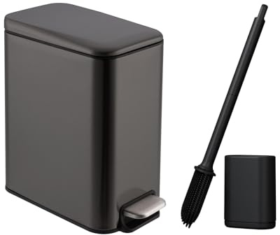 iAnomla Papelera Baño Negra, Cubo de Basura Rectangular con Tapa de Cierre Suave, Cepillo de Baño, Para Cocina, Dormitorio, Oficina, Cubo Interior Extraíble, Diseño Delgado, Asa de Transporte Portátil
