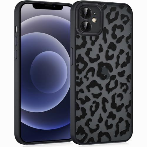 Coqinen Handyhülle für iPhone 12 Hülle, Matt Transluzente Case mit Stilvolle Leopard Muster, Silikon Schutzhülle mit Kratzfeste PC Rückseite + Stoßfest TPU Bumper - Schwarz