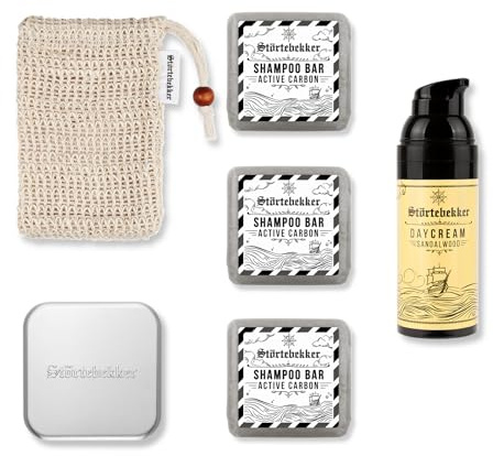 Störtebekker® Premium duschrutinset – fast schampo, aktivt kol (x3), sisalsäckar, tvålburk gratis dagkräm – schampo-barset för hår/duschvård – handgjorda i tvåltillverkning