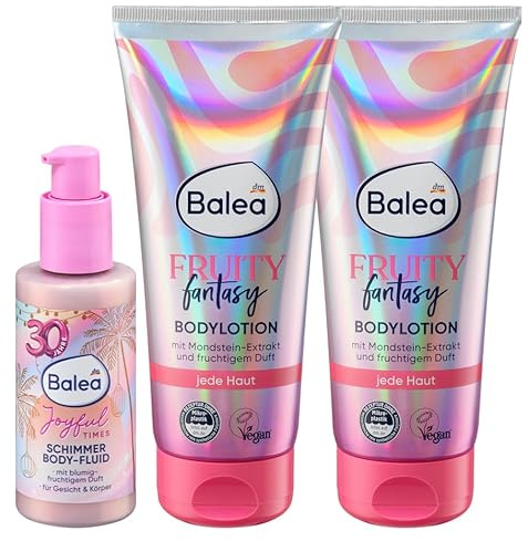 Balea 3er-Set Hautpflege: Schimmer Body-Fluid Joyful Times sommerlicher Glow für Gesicht & Körper, blumig-fruchtig, 75 ml + fruchtige Bodylotion Fruity Fantasy mit Mondsteinextrakt, 2 x 200 ml (475ml)