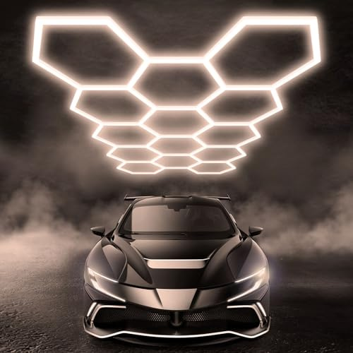 Jatwefiv 14pcs LED Hexagon Beleuchtung, 4500K Hexagon LED Garagenlicht für Garage, Werkstatt, Fitnessstudio, Keller,A