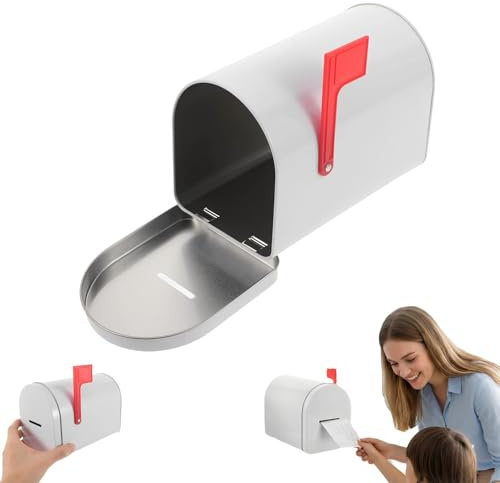 Mini White Mailbox with Coin Slot, Tinplate Kids Mailbox Bank & Money Box, Decorative Metal Small Post Box for Classroom, Wedding Cards, Cruise Door, DIY Craft Gifts for Woman, 6.1x4.3x3.7