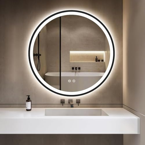 GIMBELEN Runder Badspiegel mit Beleuchtung, 3 Lichtfarben, Dimmbar, LED Badspiegel Schwarz 60cm mit Touch-Schalter und Speicherfunktion, Energiesparend