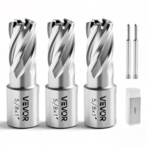 VEVOR Juego de Cortadores Anulares 5 Piezas, Juego de Brocas M2AL HSS de Vástago Weldon Profundidad de Corte 25,4mm Diámetro 15,87mm con 2 Pasadores Guía, 3 Cortadores, Estuches para Taladro Magnético