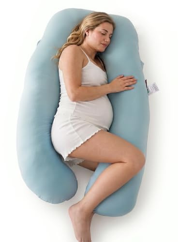 Momcozy U-Lite Schwangerschaftskissen mit Kühlbezug 130cm Blau | Seitenschläferkissen, kühlender Bezug, abnehmbar & waschbar, platzsparend, 130 cm, OEKO-TEX zertifiziert