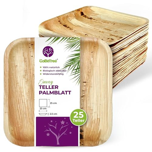 GoBeTree Platos Desechables de Hoja de Palma 25 Platos Cuadrados de 25 cm. Vajilla para barbacoas, picnic y Fiesta de cumpleaños, Similar al bambú, más fuerte que platos de papel