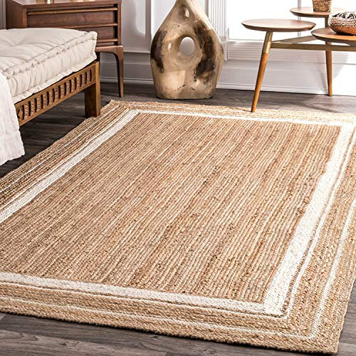 Vipanth Exports Natural Jute Handmade Square Area Rug Hand Braided Rustic Rug Indian Rug for Home Decor (90 x 90 CM (3 Feet Square), Beige + White Line)