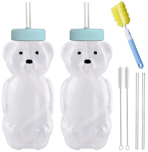 Honey Bear Straw Cups with 4 Flexible Straws & Cleaning Tools(2 Straw Brushes &1 Bottle Brush), 8-Ounce Therapy Sippy Bottles for Speech and Feeding Training, Leak-Proof & Food-Grade & BPA Free 2 Pack