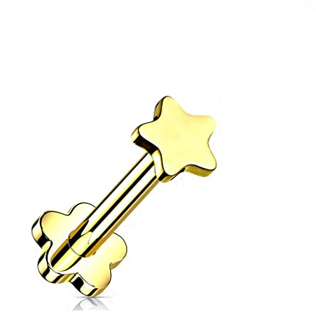 Paula & Fritz® Push-In Labret Piercing Stern Gold Titan-IUM Grade 23 Kugel Piercing Set Mehrfarbig 1,2-mm Stab-Dicke Blüten-Sockel Madonna Medusa Monroe
