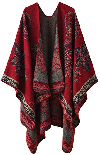 Comilaka Dam tryckt poncho cape överdimensionerad sjal öppen framsida koftor filt halsduk kappa varm vinter 130 x 160 cm, Röd, one size