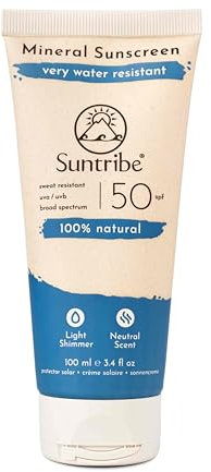 Crema Solare Naturale Minerale Sport FPS 50 Suntribe - 100 ml, Biologica - 100% Naturale & Sicura per i Coralli, Filtri UV Non-Nano Minerali, Molto Resistente all'Acqua & al Sudore - Colore Bianco