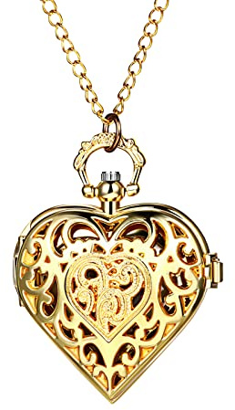 Avaner Montre de Gousset Montre de Gousset Vintage Squelette gravé Fleur Pendentif Coeur avec Collier Pull pour Mode Unisexe Or comme Cadeau-Gift