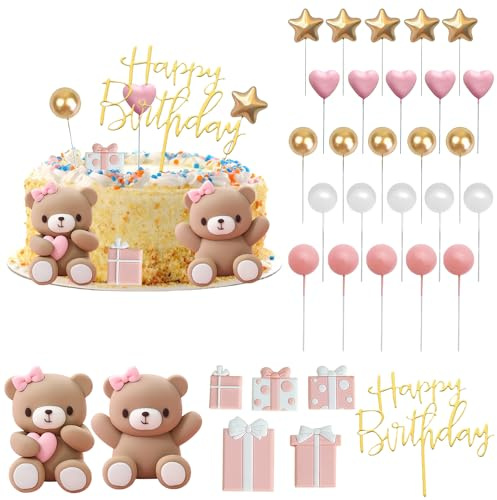33 Piezas Decoración para Tarta Rosa: Nizirioo Decoración para Tartas de Oso Rosa de Bebé, Decoración para Tarta con Bola de Perlas Doradas, Rosas y Blancas, para Baby Shower y Fiesta de Cumpleaños