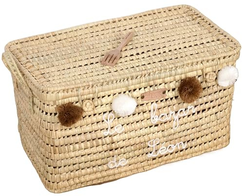 Bohome Living - Coffre à Jouets en Osier Tressé, Malle de Rangement, Cadeau de Naissance Personnalisé, Fait Main (Broderie + Pompons)