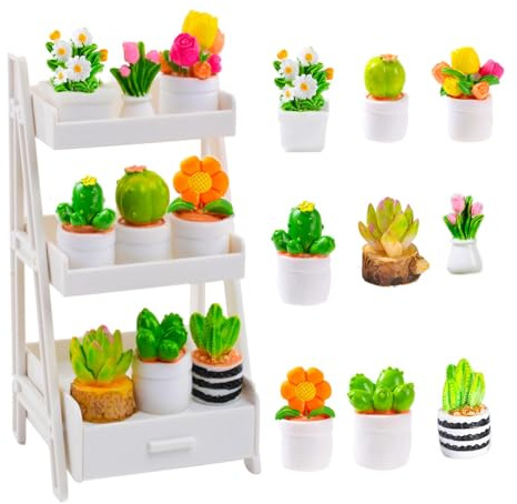 DIELOVEHUA 10 Pièces Plantes Artificielles Miniatures, Jardin de Maison de Poupée Miniature, avec Support pour Plantes Blanc, Mini Décoration de Jardin, pour Maison de Poupée, Jardin