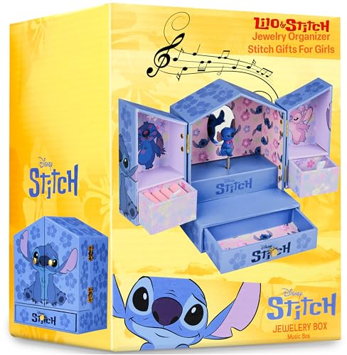 Get Trend Disney Stitch Musical Jewellery Box Girls Gift Ideas Tweens Bedroom Decor Wind Up Music Box with Mirror and Storage Drawers Gifts for Her (Blue Stitch)