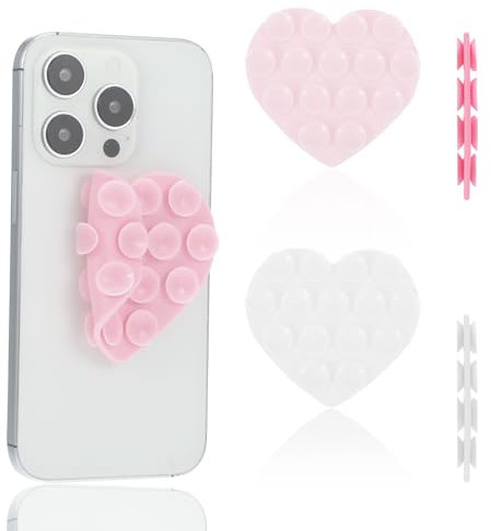 Nogeqi 2 Stück Rosa Handyhülle Saugnapf Herz, Handy Saugnapf Doppelseitig, Silikon Handy Kleber Rückseite Saugnapf Herzform Süße rutschfest für Alle Telefonmodelle Selfies(Weiß, Transparent)