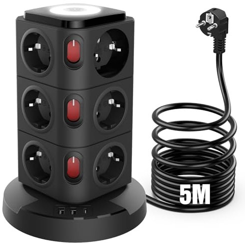 Ciabatta Elettrica Multipresa con 12 Prese, Torretta Multipresa Verticale da Scrivania, 2 USB A, 1 USB C Protezione Sovratensione con 4 Interruttori Indipendenti, Presa Multipla Cavo di Prolunga da 5M