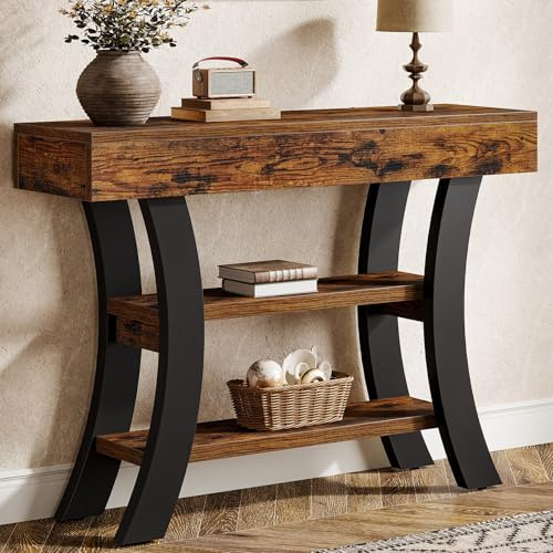 Tribesigns - Tavolo consolle piccolo da 105 cm per l'ingresso, tavolo da salotto rustico a 3 livelli con ripiani e cornice curva per soggiorno, ingresso, corridoio, foyer, marrone rustico