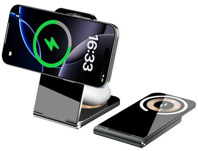 For MagSafe Charger, 15W Wireless Charger Stand, 2-in-1 Foldable Alloy Magnetic Charging Station, Compatible with iPhone 16/15/15 Plus/15 Pro/15 Pro Max/14/13/12, AirPods 4/3/2/Pro 2