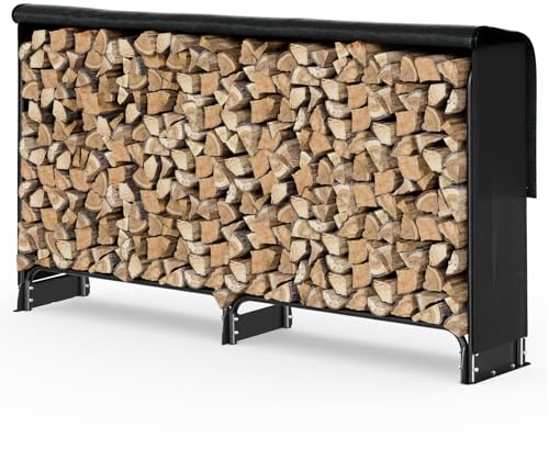 VOUNOT Kaminholzregal Aussen Metall, Brennholzregal Außen, Feuerholzregal Outdoor mit wasserdichte Abdeckung, 200 x 116 x 26 cm, Schwarz