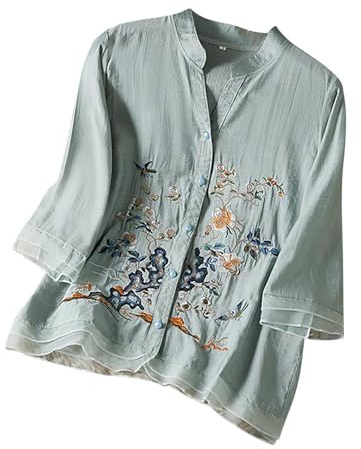 Cocila Chemisiers De Travail pour Femmes Bureau Professionnel Manches Longues Chemisier Brodé en Coton Et Lin Femme Style Bohème 3/4 Tunique Élégante Long Blouse Chic Élégantes Tuniques Chemise