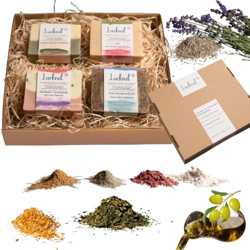 Lucknel® Naturseifen Geschenkset 4er Set – Lavendel & Rosa Tonerde, Kamille Totes-Meer-Tonerde, Teebaumöl & Kräuter, Geranie & Hibiskus – handgemacht, Familienmanufaktur mit 14 Jahren Seifen-Erfahrung