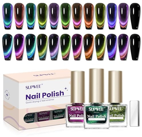 SUPWEE 9D Cat Eye Nail Polish Set, 12PCS Magnetic Nail Polish No Gel Air Dry Fast Holographic Shimmer Cat Eye Effect with Magnet Black Primer Manicure Salon Home DIY for Women Girls
